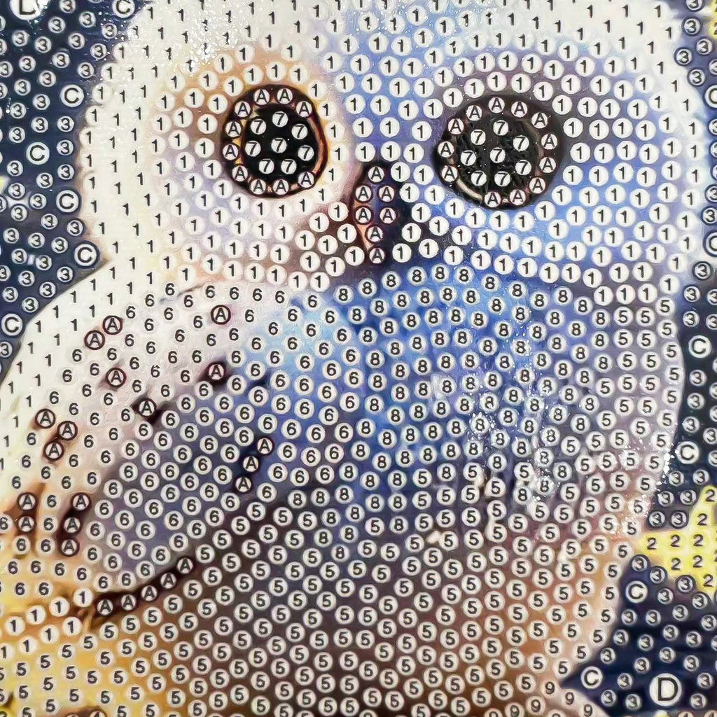 Diamond painting kit canvas showing an owl's face with numbered sections for placing colored diamonds.