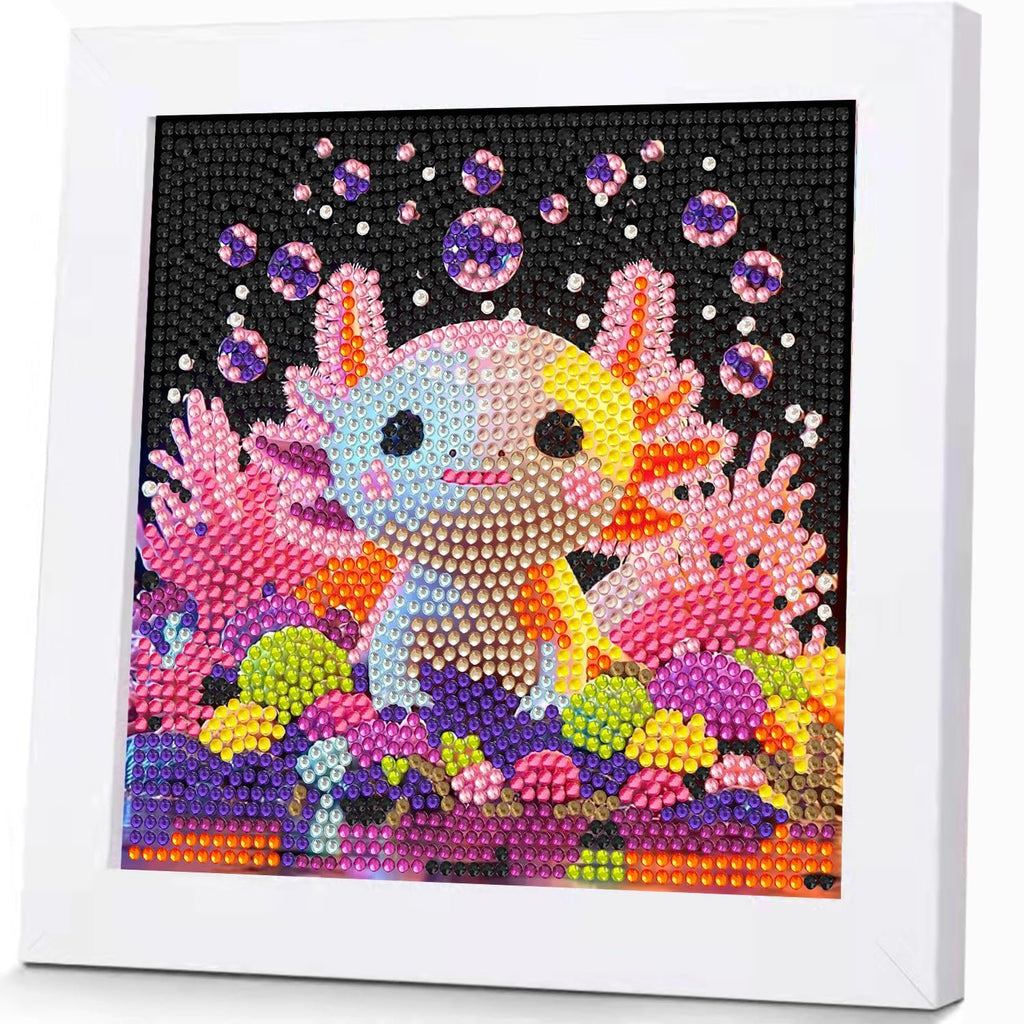 Diamond art painting of a colorful axolotl surrounded by coral and bubbles in a white frame.