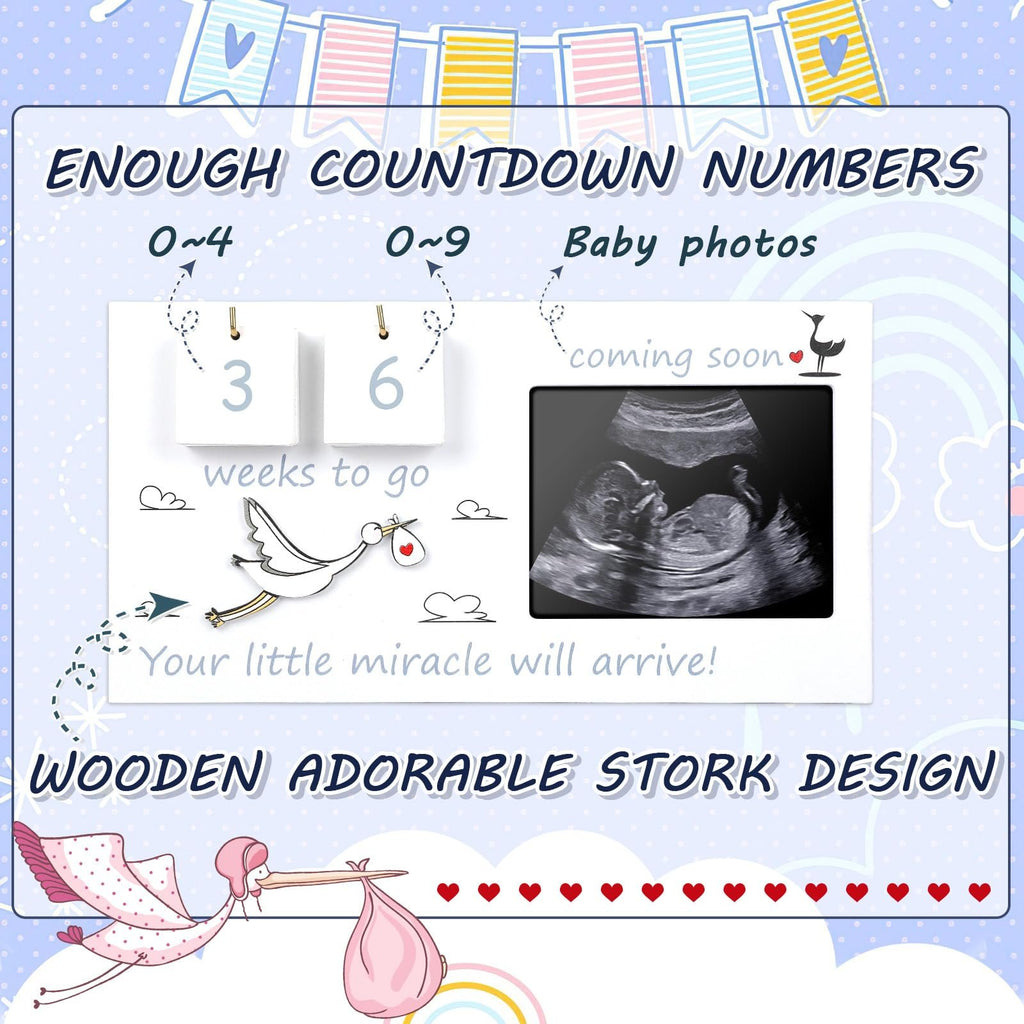 Baby sonogram picture frame with countdown numbers and stork design. Includes ultrasound image and 'coming soon' text.