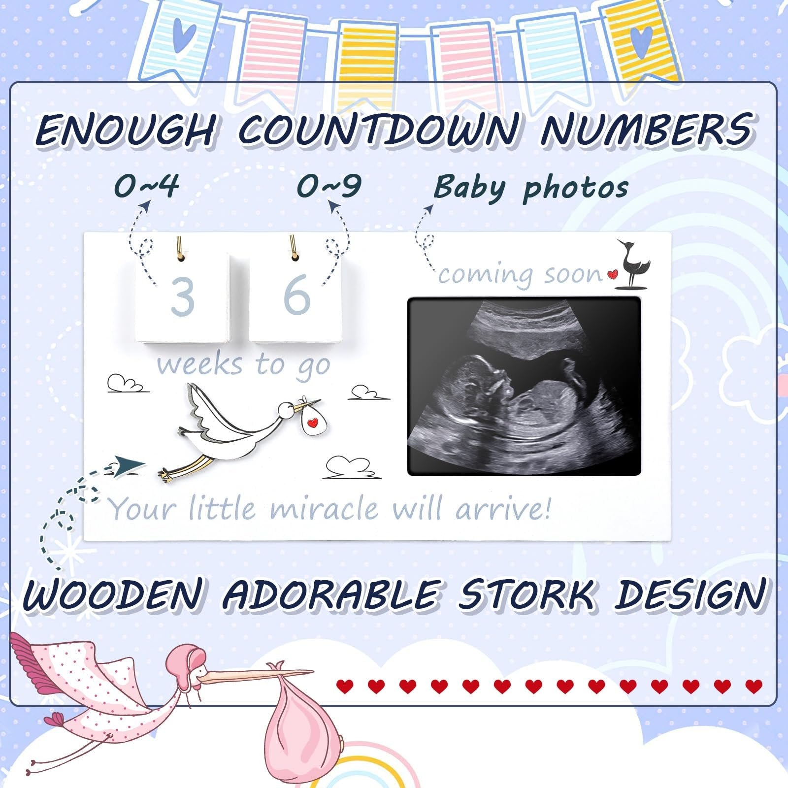 Baby sonogram picture frame with countdown numbers and stork design. Includes ultrasound image and 'coming soon' text.