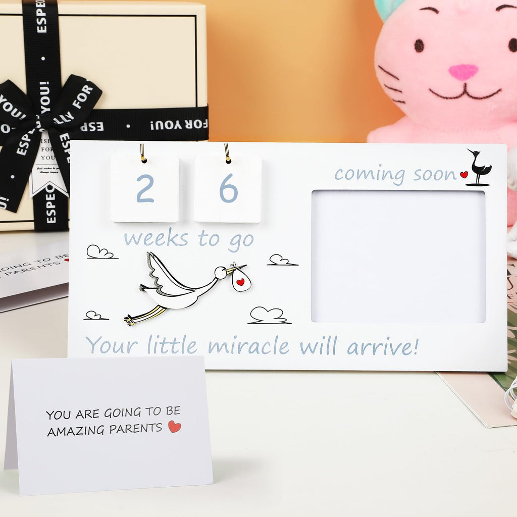 Baby sonogram picture frame with countdown blocks and stork graphic, reads 'coming soon' and 'Your little miracle will arrive!'