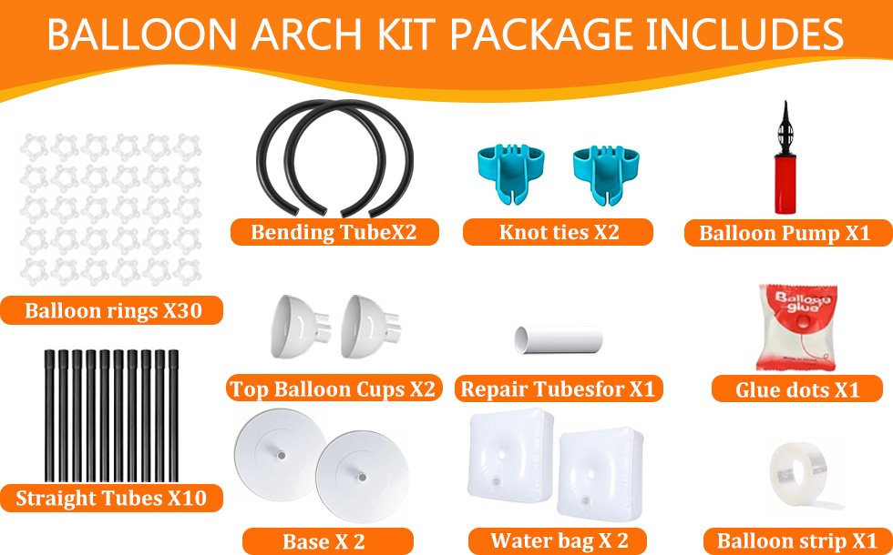 Contents of a balloon arch kit including bending tubes, knot ties, balloon pump, balloon rings, straight tubes, top balloon cups, repair tubes, glue dots, bases, water bags, and balloon strip.