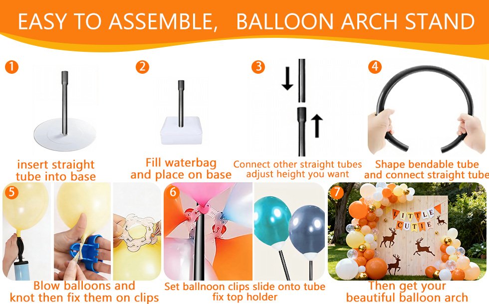 Collage showing steps to assemble a balloon arch stand and a finished balloon arch decoration.
