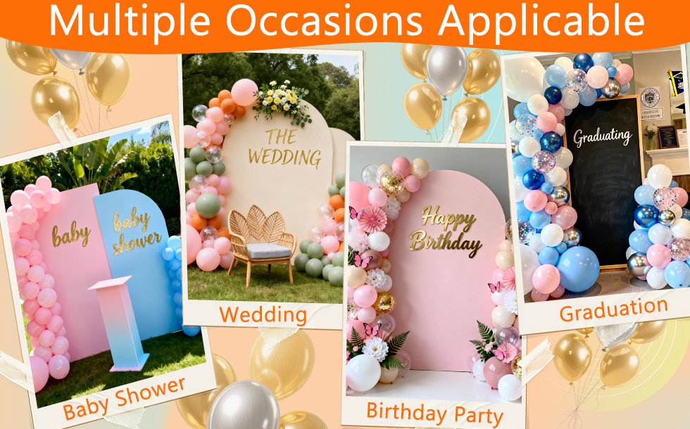 Collage of balloon arch decorations for various events: baby shower, wedding, birthday party, and graduation.