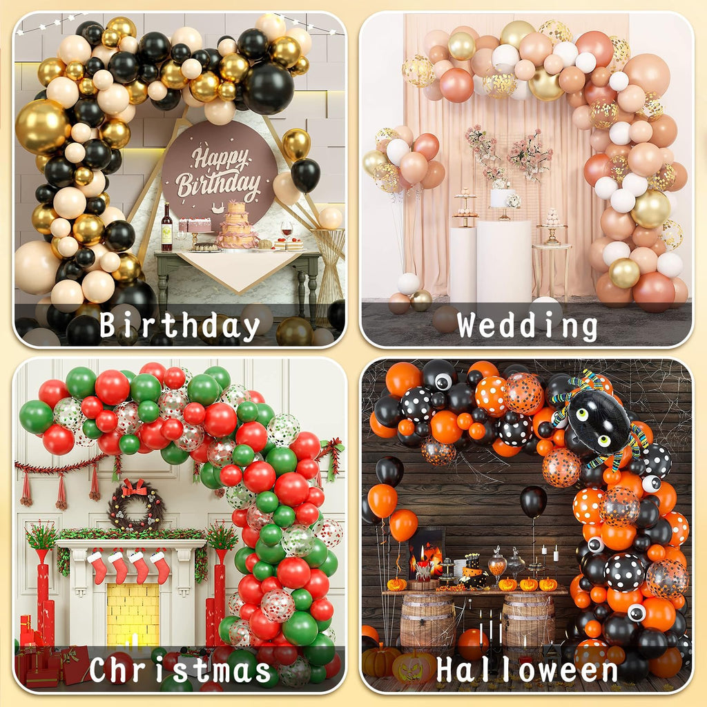 Collage of four balloon arch displays for different holidays: Birthday, Wedding, Christmas, and Halloween.