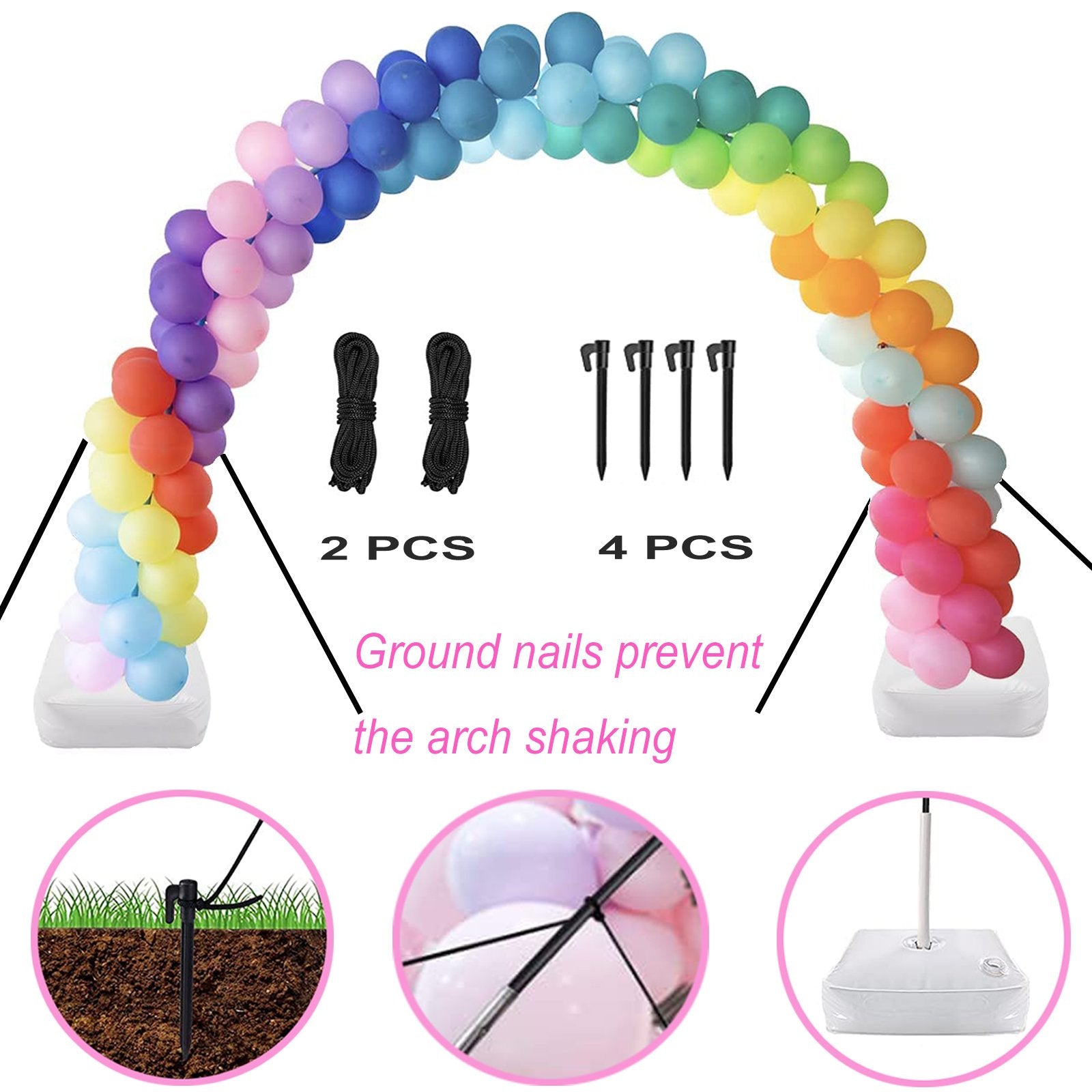 Balloon arch kit with rainbow balloons, ropes, ground stakes, and base stands. Close-ups show stake in ground, balloon connection, and base.