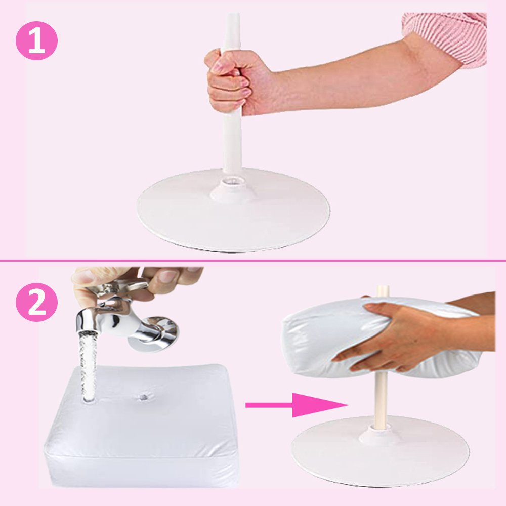 Balloon arch stand assembly instructions: top shows attaching pole to base, bottom shows filling base with water and attaching to pole.