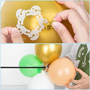 Close-up of hands attaching balloons to a white plastic connector ring, and a balloon arch stand with attached balloons.