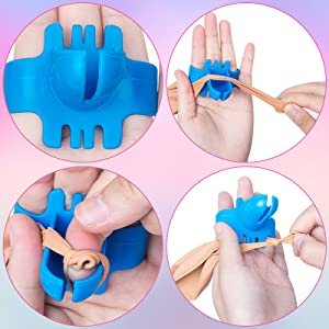 Four close-up views demonstrating how to use a blue balloon tying tool on a tan balloon.