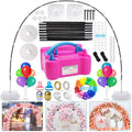 Balloon arch kit with electric pump, adjustable stand, balloons, and accessories, shown with example arch decorations.