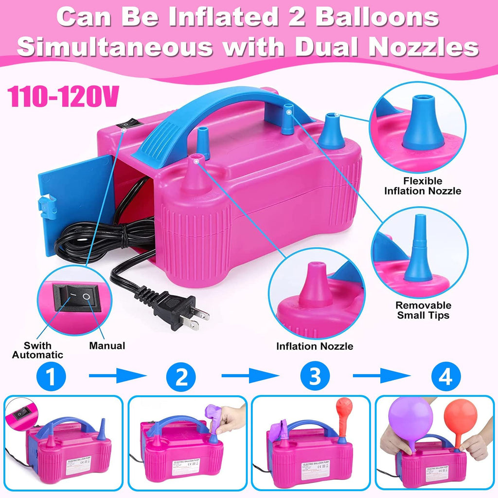 Pink and blue electric balloon pump with dual nozzles, showing inflation steps and features.