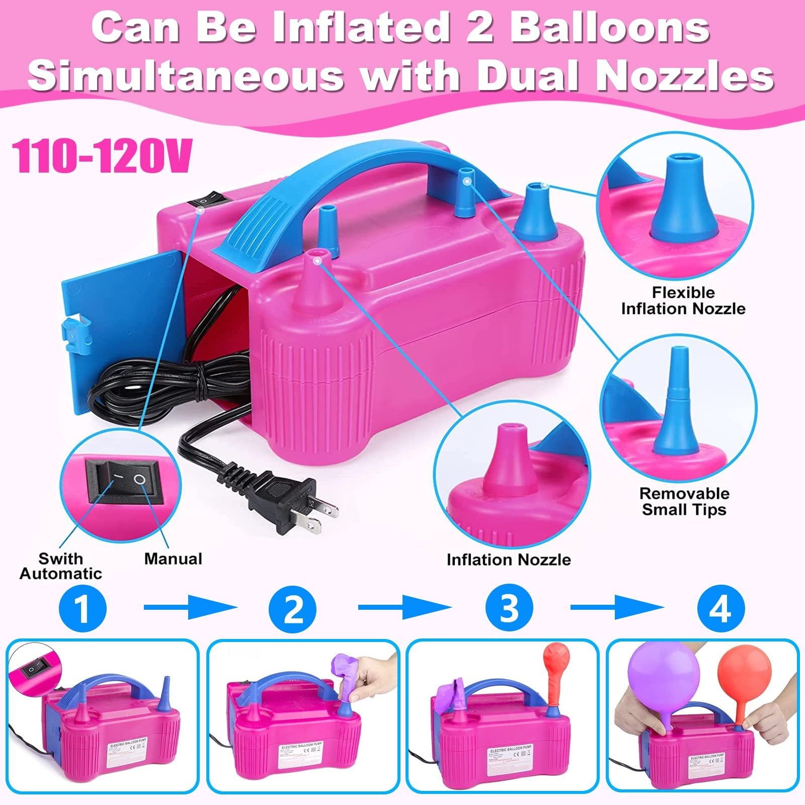 Pink and blue electric balloon pump with dual nozzles, showing inflation steps and features.
