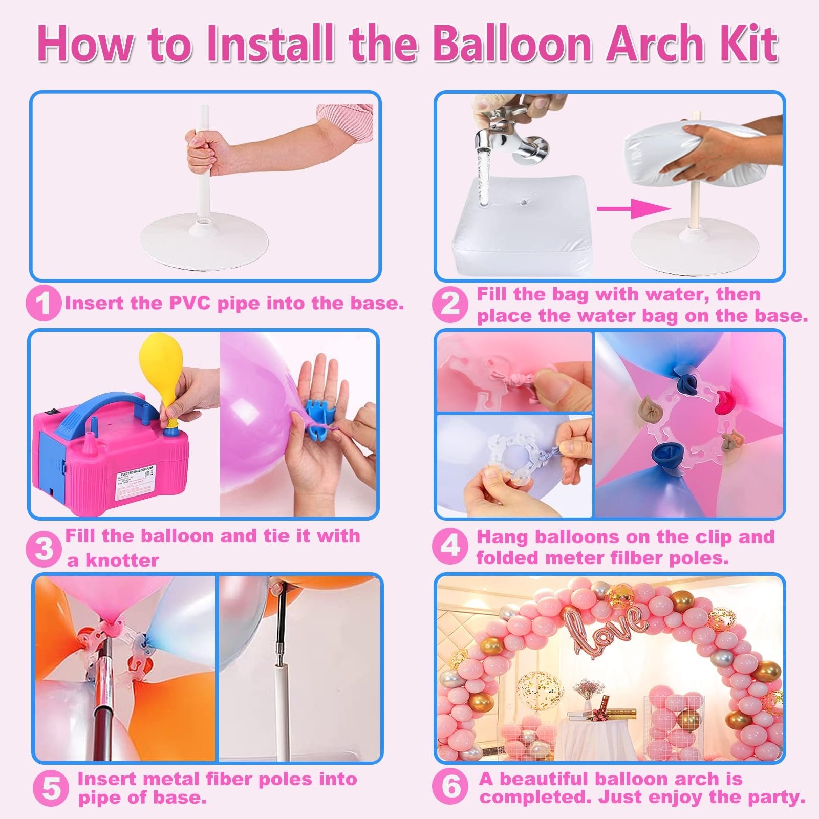 Collage showing steps to install a balloon arch kit, including base setup, balloon inflation, and final arch assembly.