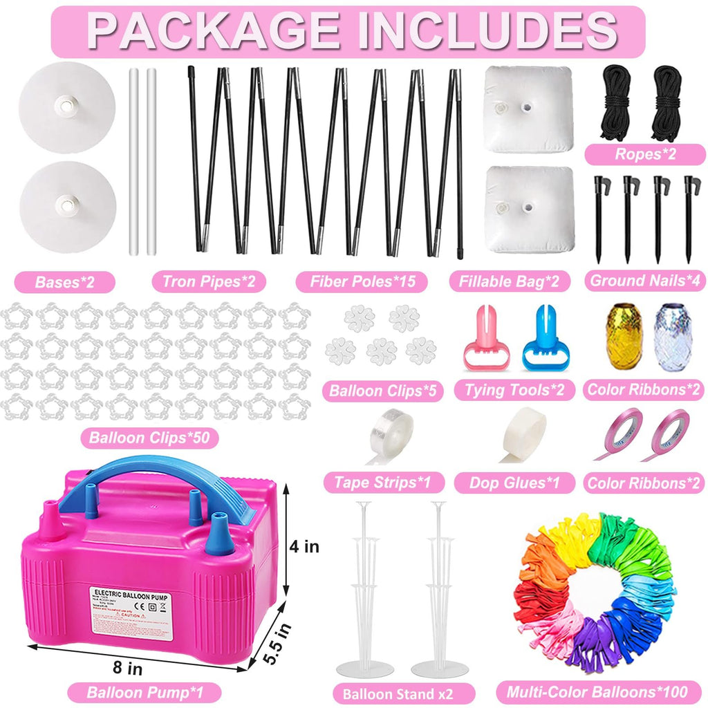 Balloon arch kit contents including electric pump, bases, poles, balloons, and accessories on a white background.