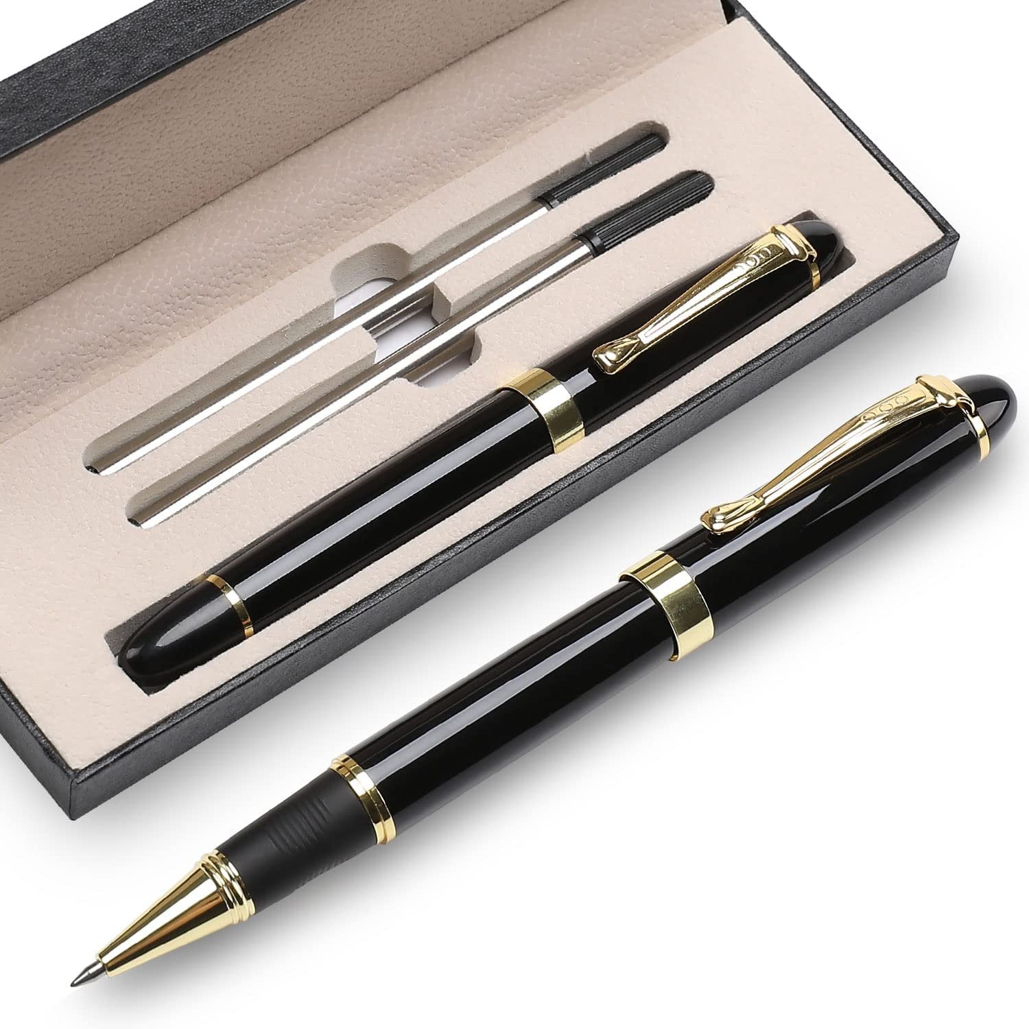 Black metal ballpoint pen gift set with gold accents and two ink refills in a black presentation box.