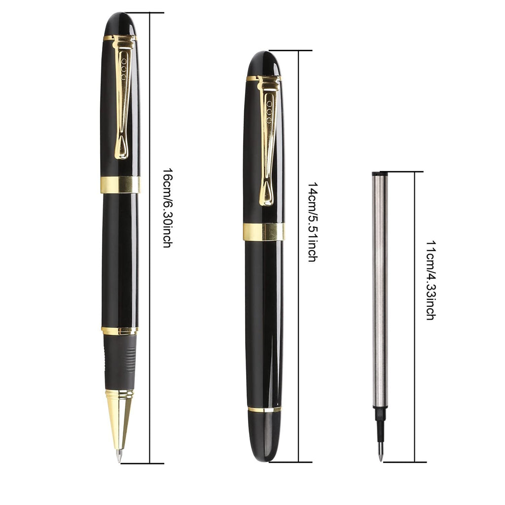 Two black metal ballpoint pens and one ink refill with size dimensions indicated.