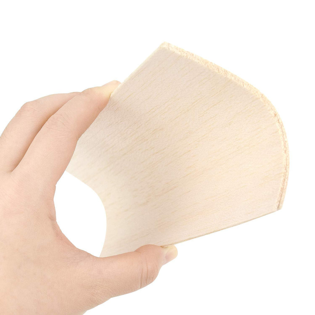 Hand holding a thin, curved balsa wood sheet against a white background, showing wood grain texture.
