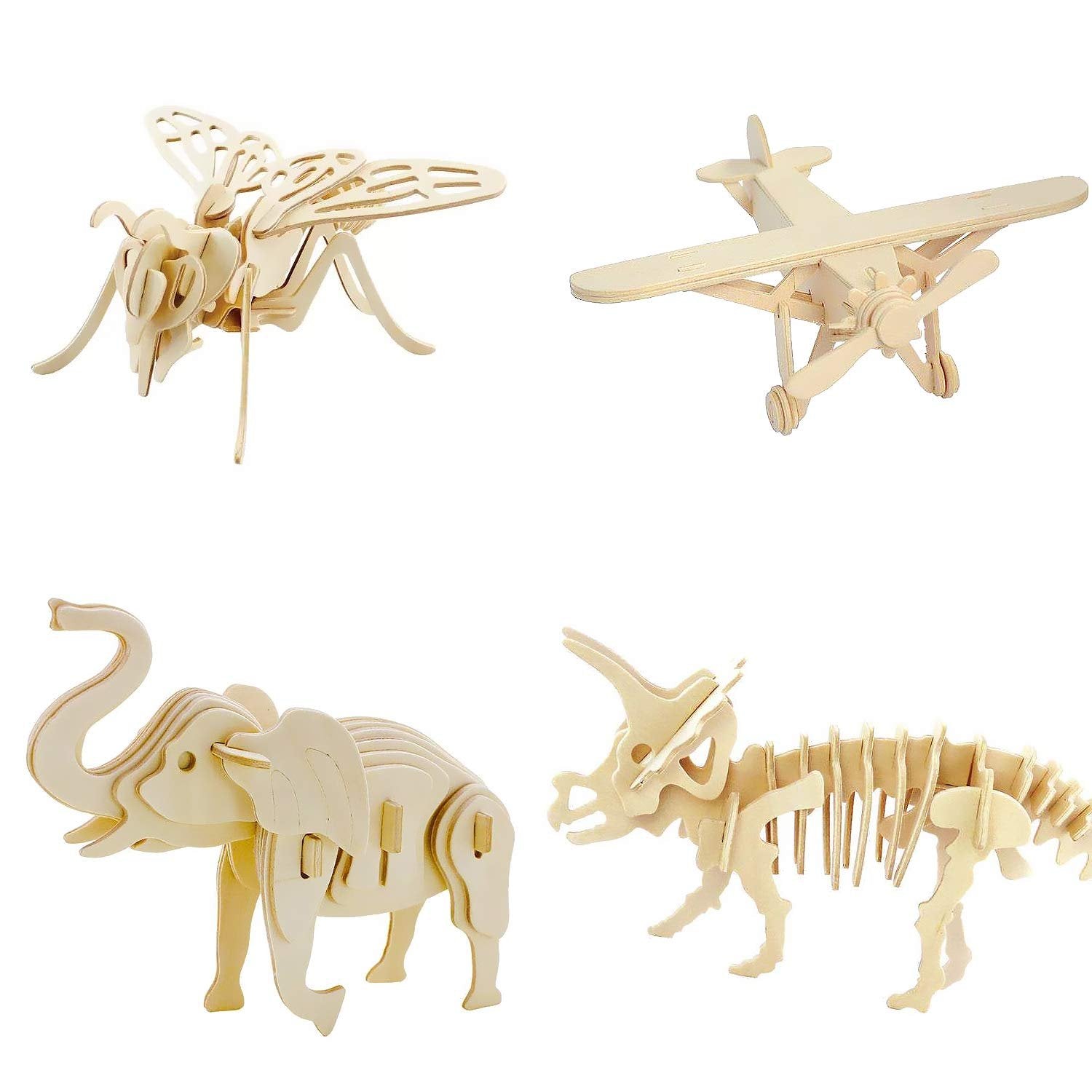 Four unfinished wooden 3D puzzle models: a bee, an airplane, an elephant, and a dinosaur skeleton, isolated on white.