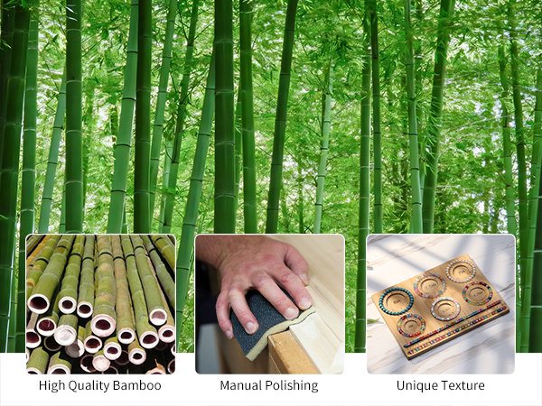 Bamboo bead board for jewelry making with bracelets and beads, shown with bamboo forest background and detail shots.