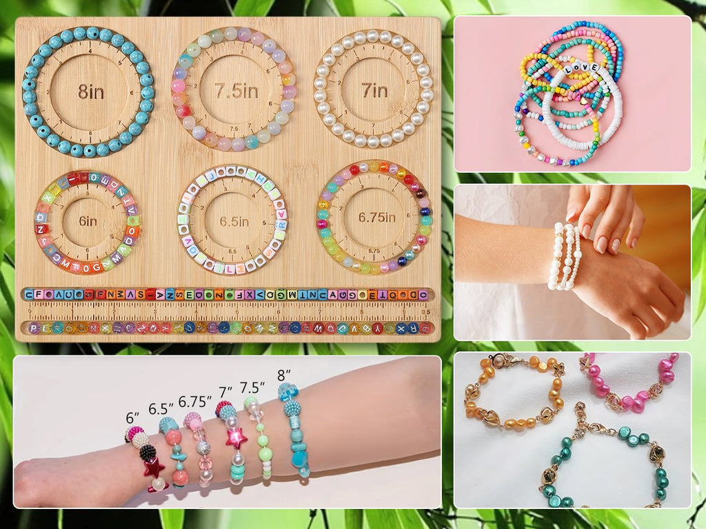 Jewelry making board with bracelet size guides and examples of finished bracelets, plus a ruler and beads.
