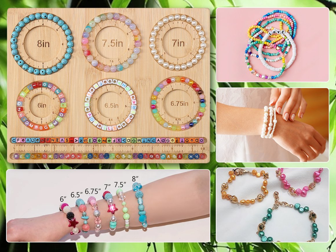Jewelry making board with bracelet size guides and examples of finished bracelets, plus a ruler and beads.