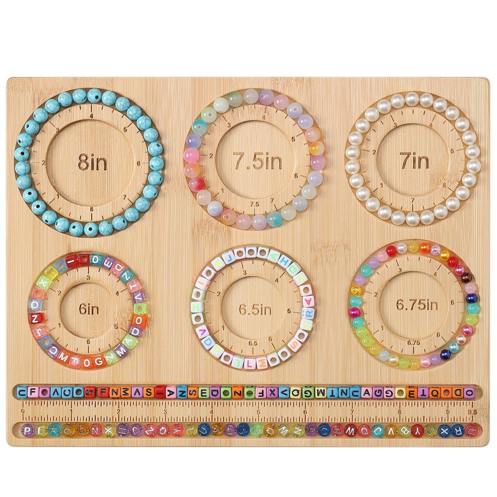 Bamboo bead board for jewelry making with six bracelet sizing grooves and two ruler markings, displaying various beaded bracelets.