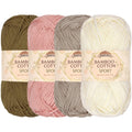Four skeins of sport weight yarn in neutral tones: olive green, dusty rose, taupe, and cream, each with a decorative label.