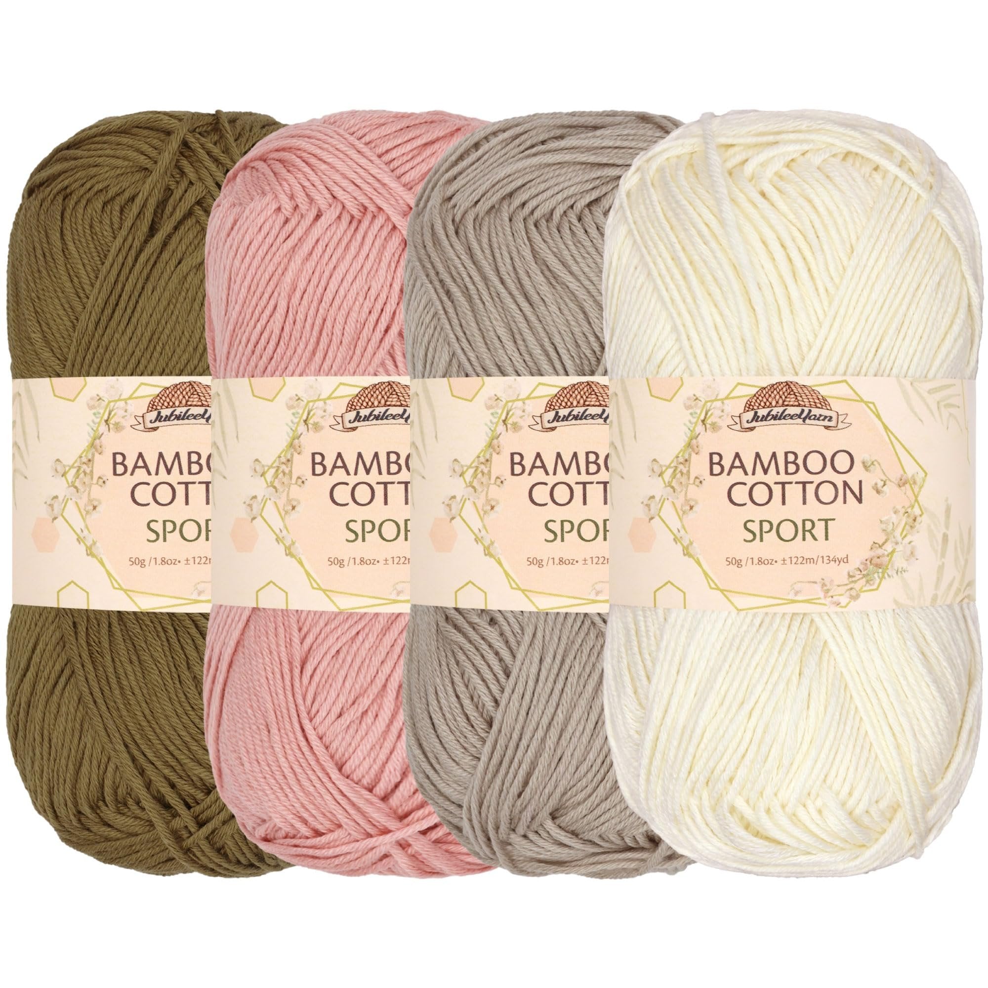 Four skeins of sport weight yarn in neutral tones: olive green, dusty rose, taupe, and cream, each with a decorative label.