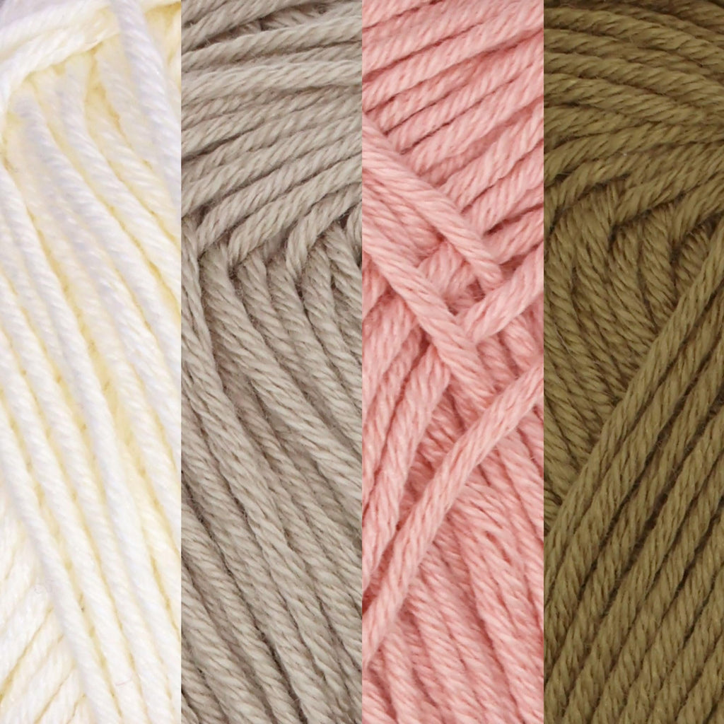 Four skeins of sport yarn in cream, light gray, pink, and olive green, shown in close-up texture detail.