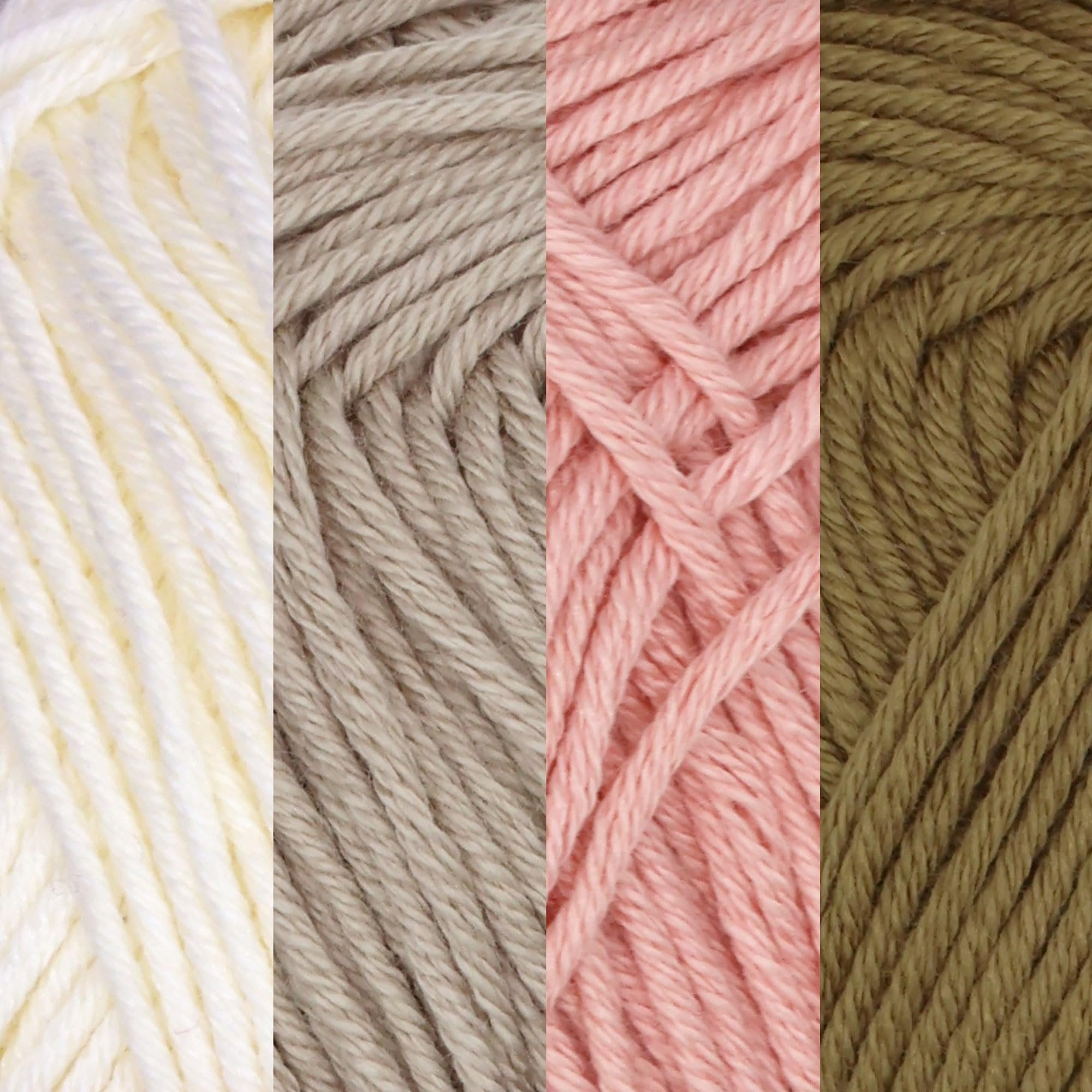Four skeins of sport yarn in cream, light gray, pink, and olive green, shown in close-up texture detail.