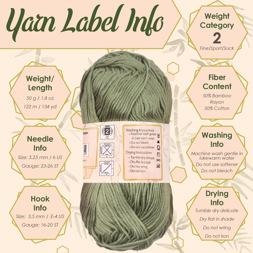 Ball of sage green yarn with detailed label information including weight, fiber content, and care instructions.
