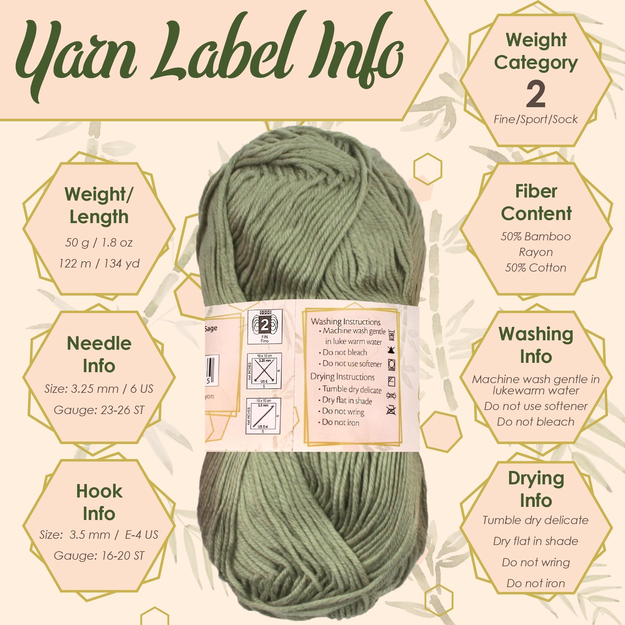 Ball of sage green yarn with detailed label information including weight, fiber content, and care instructions.