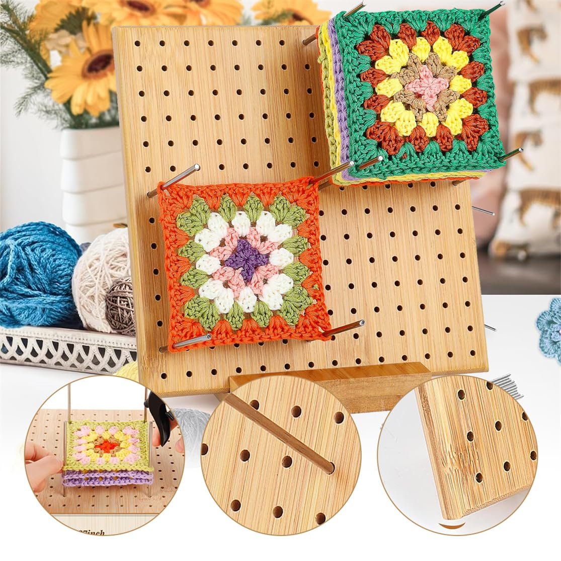 Bamboo crochet blocking board with two crocheted squares pinned, yarn balls and close-up details.