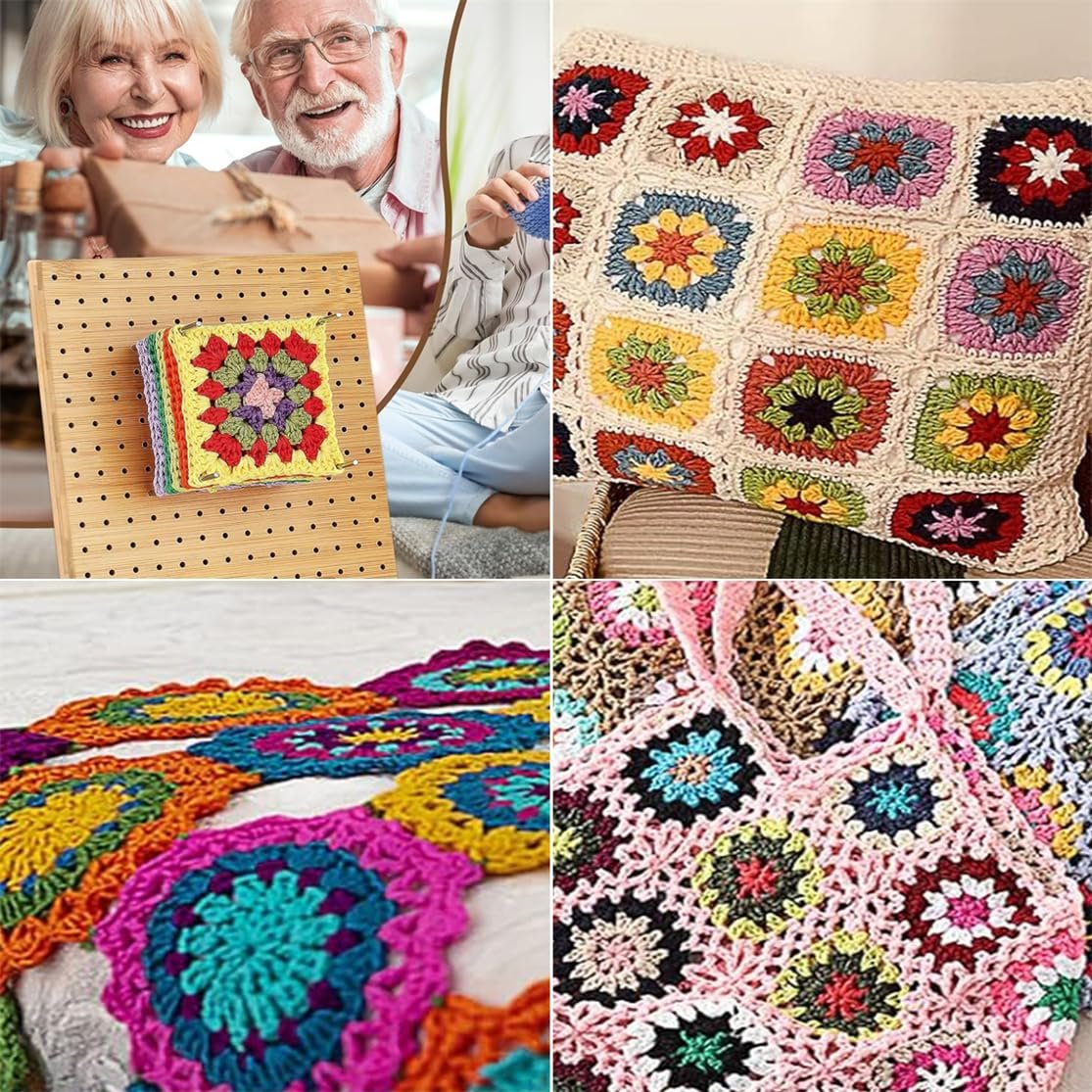 Collage of crochet projects including a blocking board with squares, a pillow, a long scarf, and a tote bag.