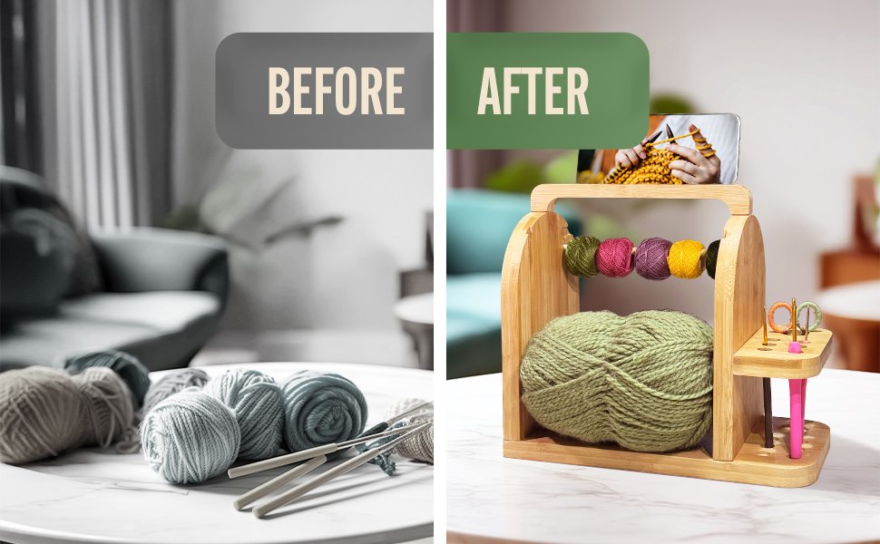 Bamboo yarn organizer with multiple yarn balls, dual rods, tool holder, and phone stand showing knitting hands