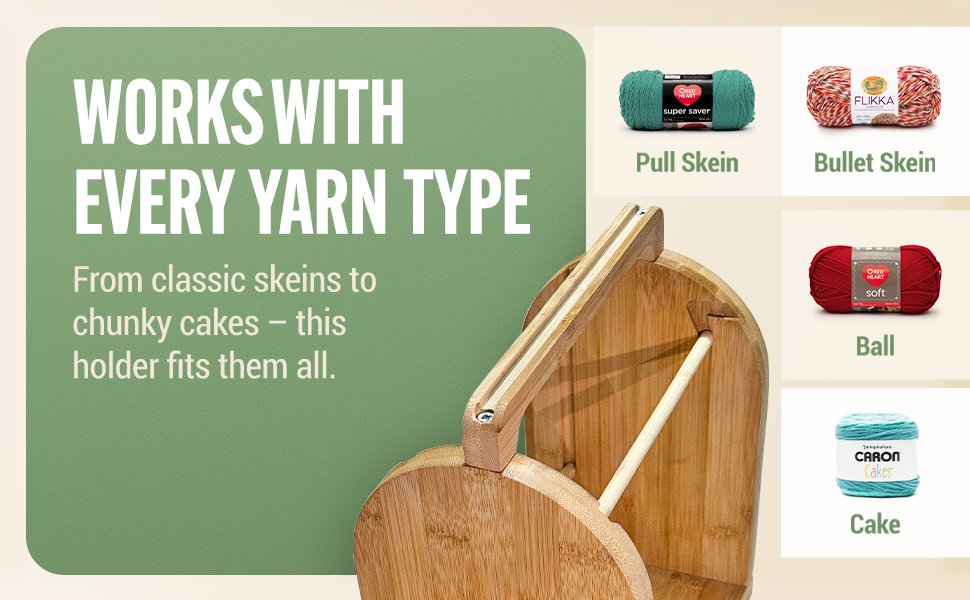 Bamboo with examples of different yarn types: pull skein, bullet skein, ball, and cake.