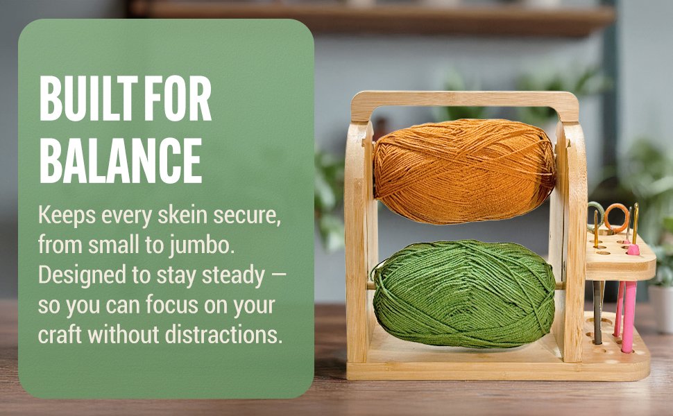 Bamboo with two skeins of yarn and crochet tools, featuring a green overlay with text.