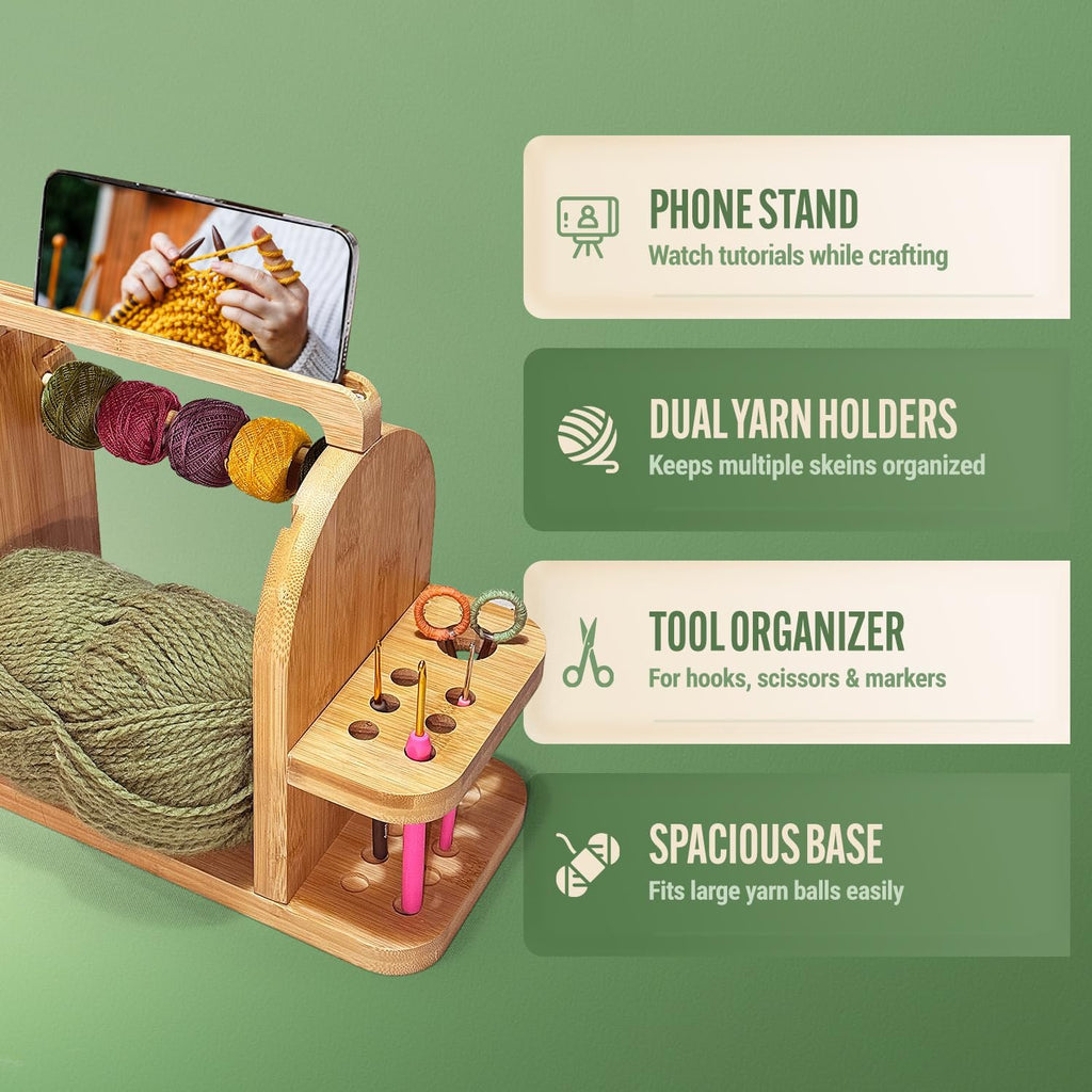 Bamboo yarn organizer with phone stand, dual yarn holders, tool organizer, and spacious base for yarn balls.