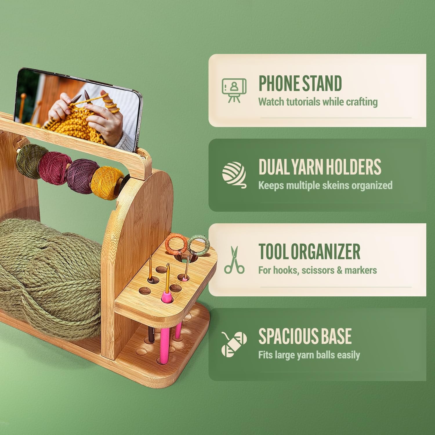 Bamboo yarn organizer with phone stand, dual yarn holders, tool organizer, and spacious base for yarn balls.