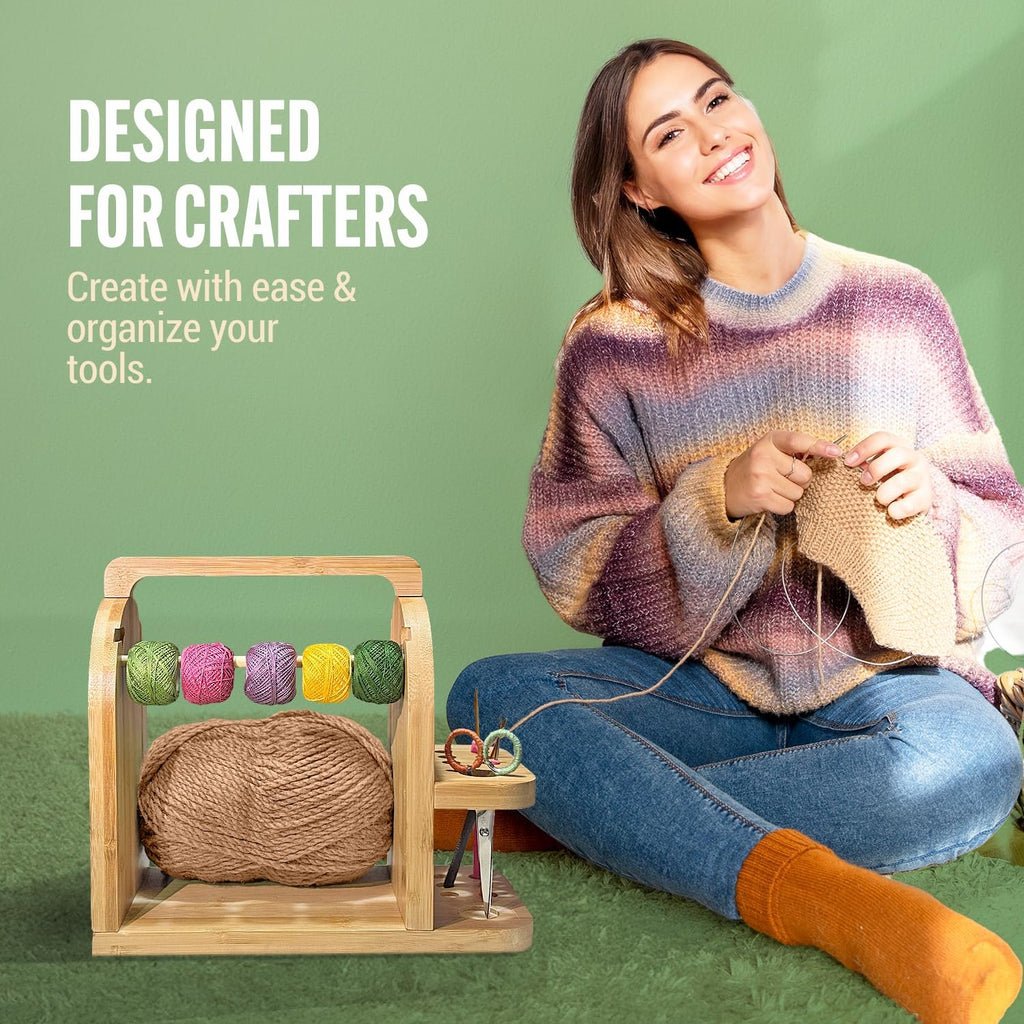 Woman knitting next to a bamboo yarn organizer holding several balls of yarn and a large skein.