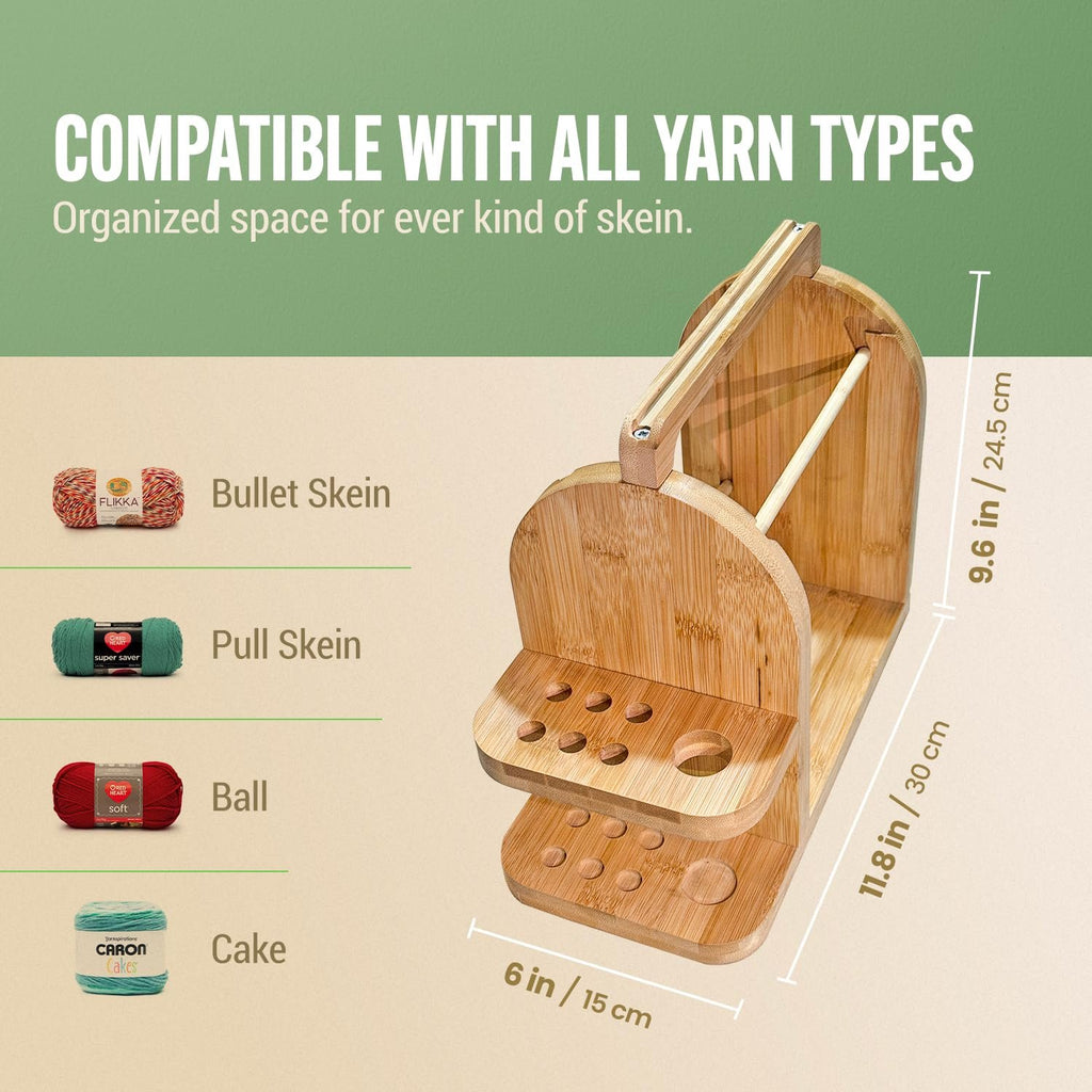 Bamboo yarn organizer with dual rods and tool holder, showing compatibility with bullet skein, pull skein, ball, and cake yarn types.