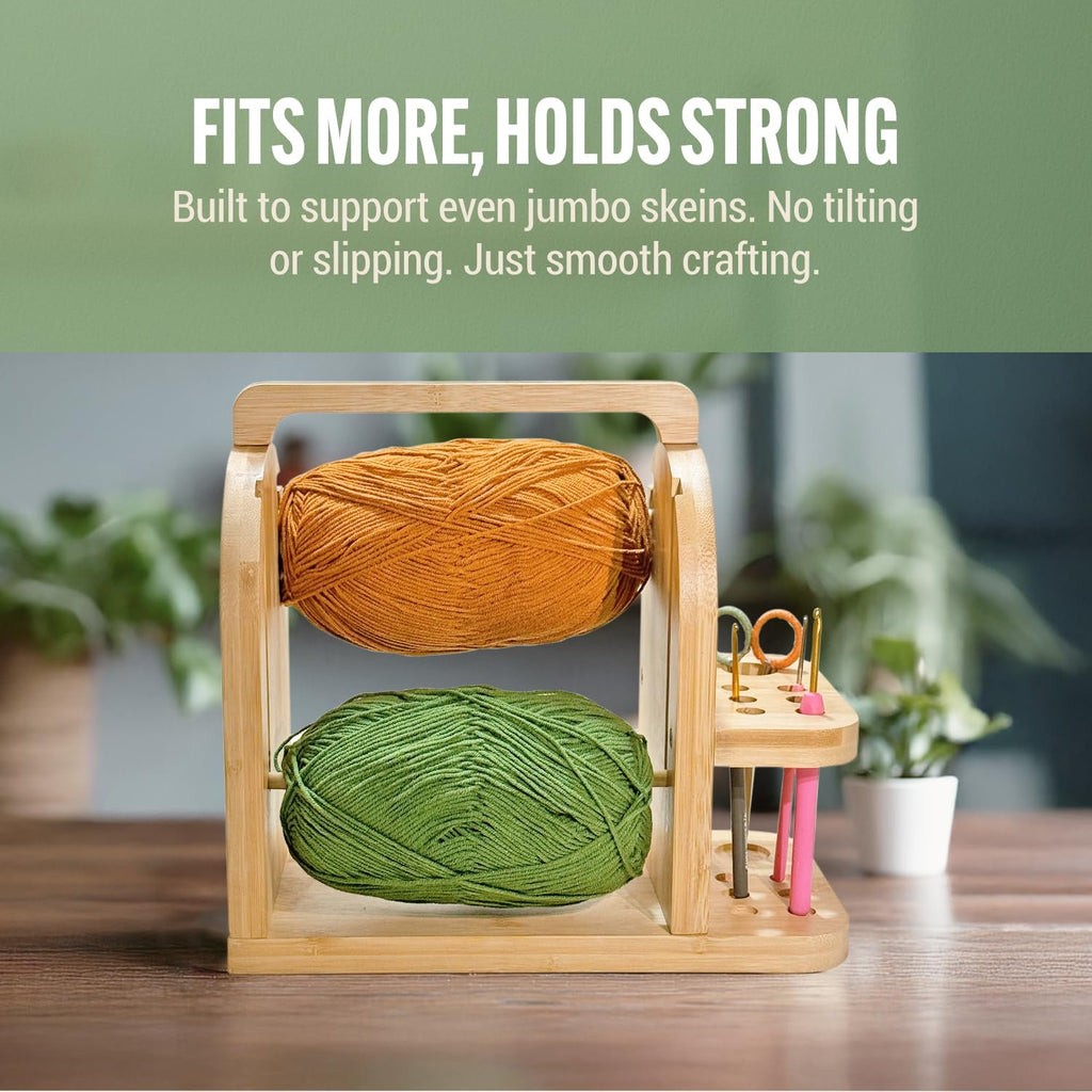 Bamboo yarn organizer with two skeins of yarn and crochet hooks, scissors, and knitting needles. Text overlay reads 'FITS MORE, HOLDS STRONG'.
