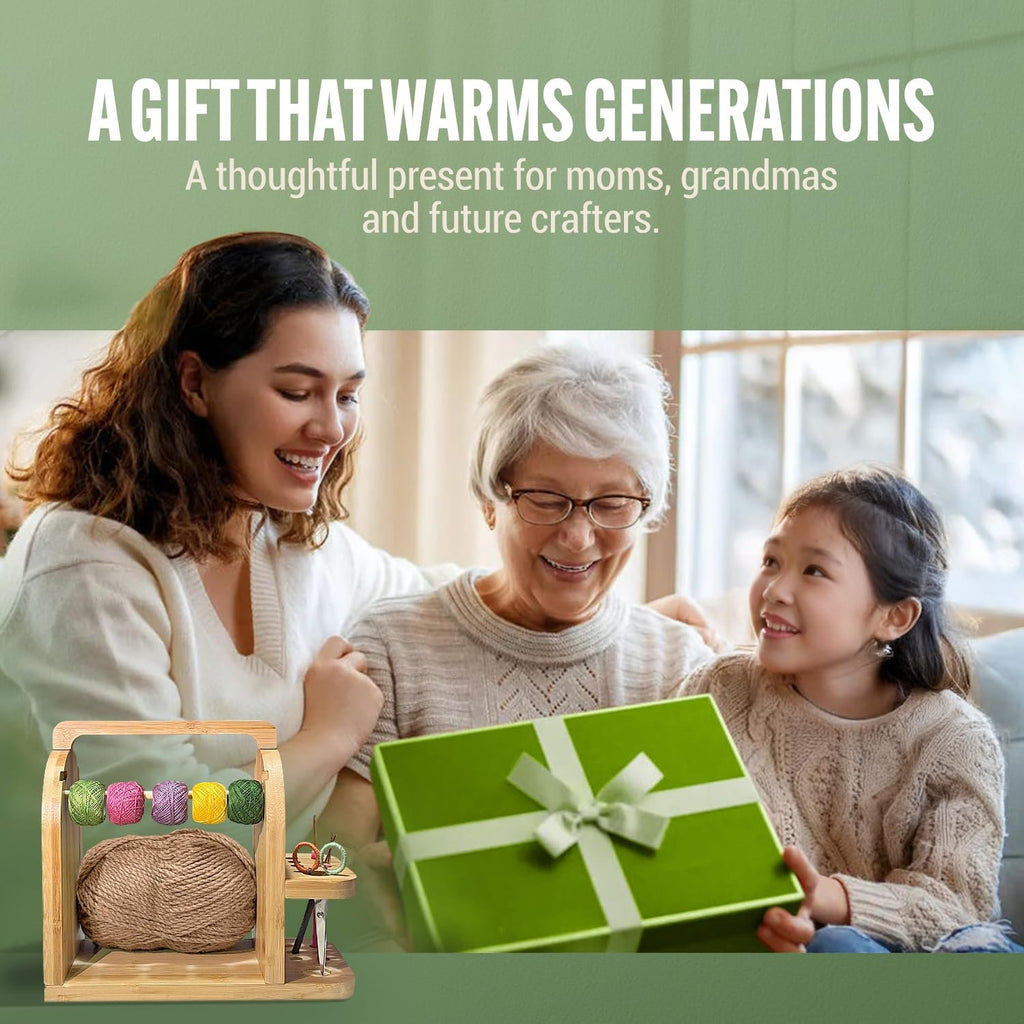 Bamboo yarn organizer with colorful yarn balls and a large spool of twine, shown with a family opening a gift.