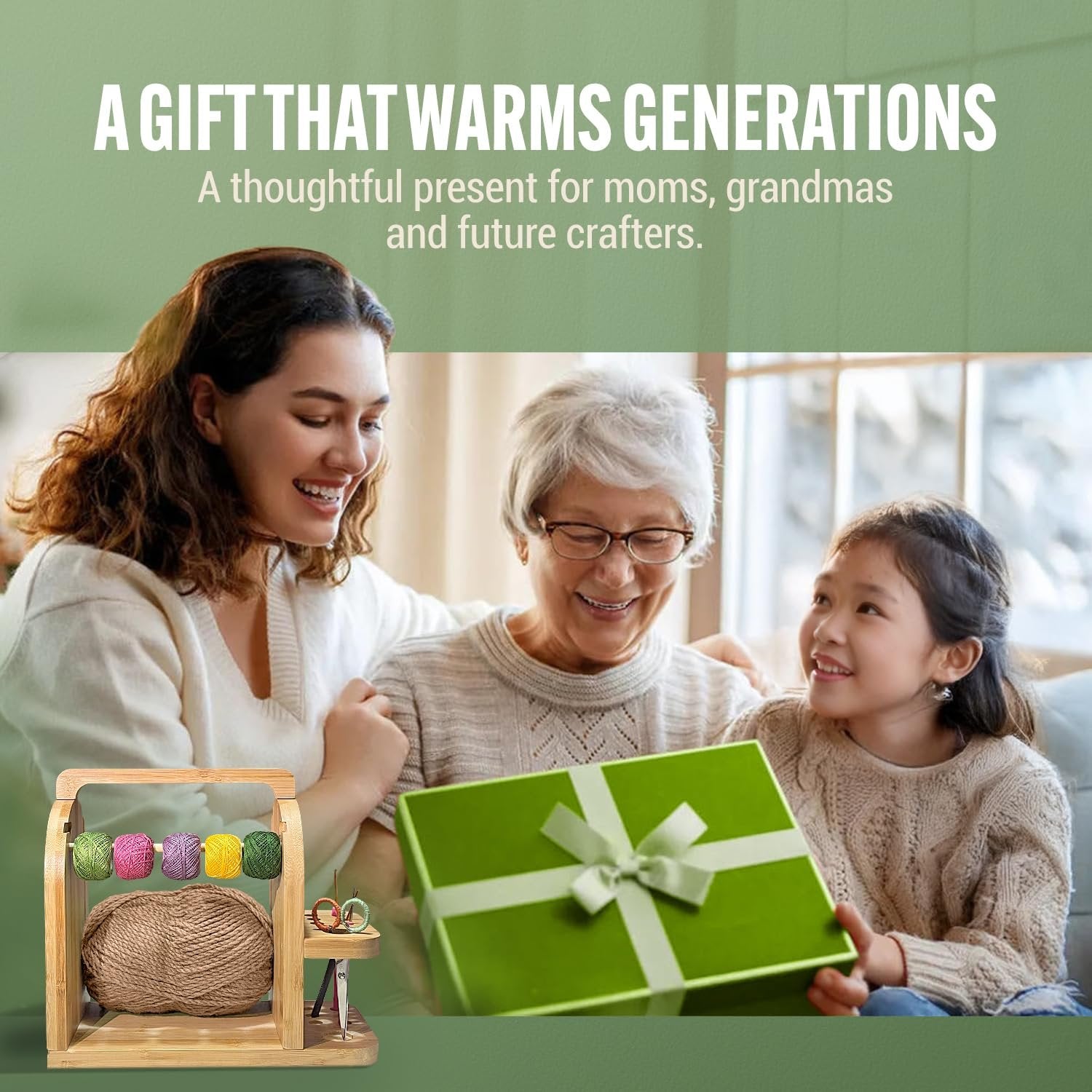 Bamboo yarn organizer with colorful yarn balls and a large spool of twine, shown with a family opening a gift.