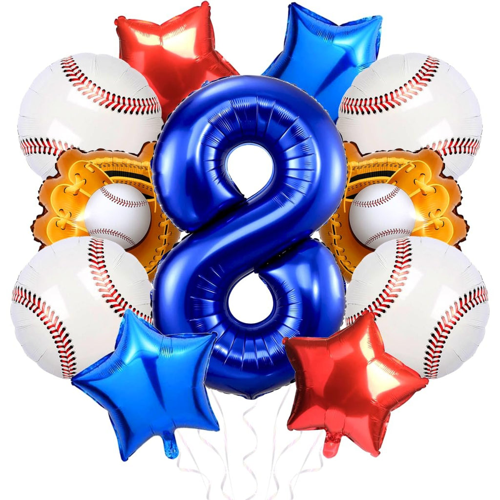 Blue number 8 balloon surrounded by baseball, star, and glove balloons for an 8th birthday party.