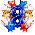 Blue number 8 balloon surrounded by baseball, star, and glove balloons for an 8th birthday party.
