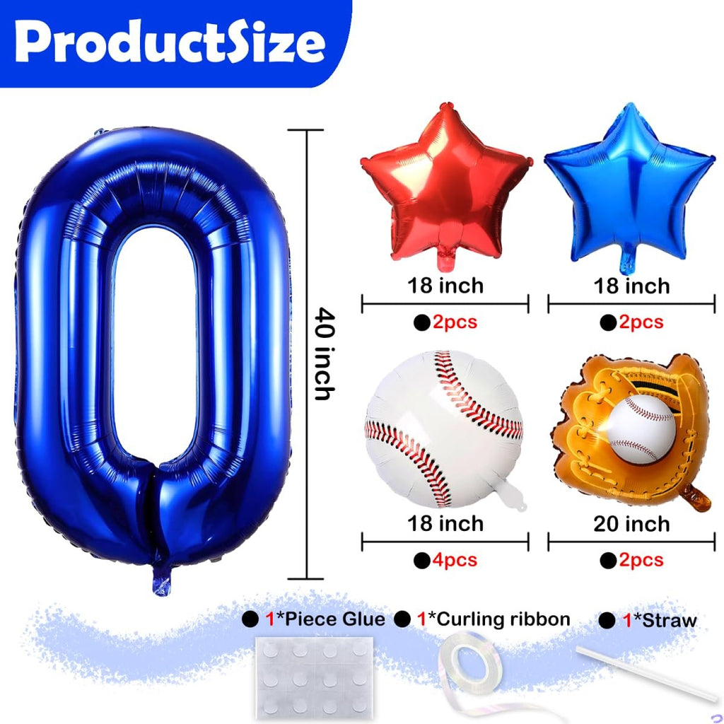 Blue number 0 balloon and baseball-themed balloons with accessories, showing sizes and quantities.
