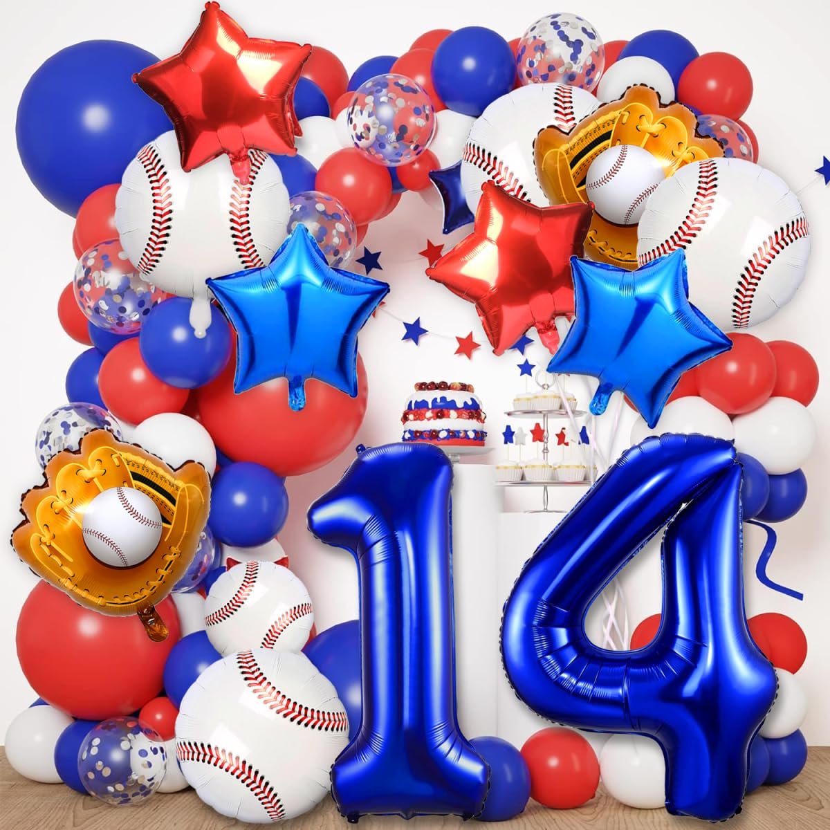Blue number 14 foil balloons with baseballs, gloves, stars, and red/white/blue balloons for a birthday party.