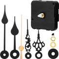 Quartz clock movement mechanism with assorted decorative and plain hands, and hardware on a white background.