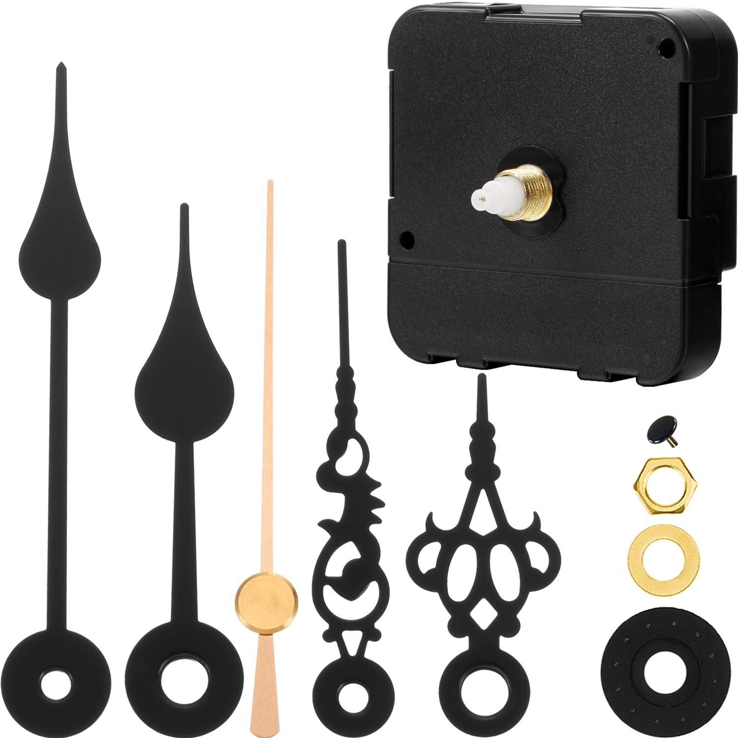 Quartz clock movement mechanism with assorted decorative and plain hands, and hardware on a white background.